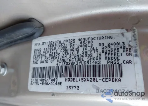 2000 Toyota Camry Ce from USA, damaged, VIN 4T1BG22K3YU681463